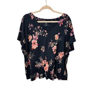 J.Jill Lux Supima V-Neck Easy Tee Floral Navy Pink XL Normcore Casual Spring